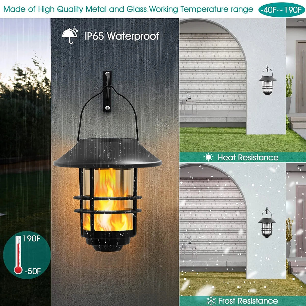Waterproof Solar Hanging Lantern LED Flame Effect Outdoor Light for Garden Patio Fence Decor