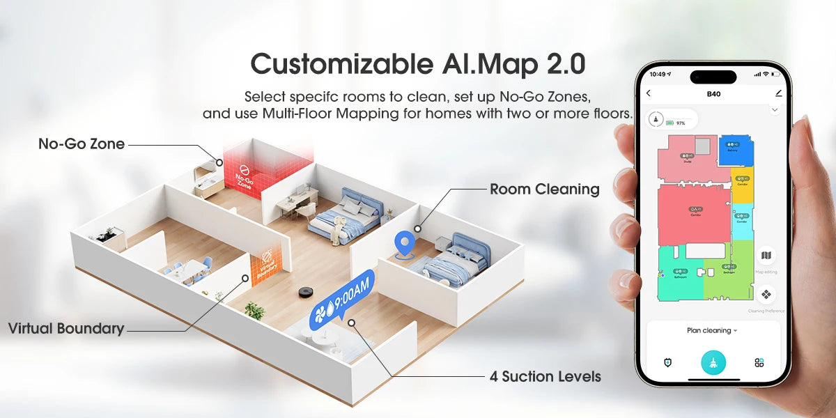 Robot Vacuum and Mop Cleaner with Smart Mapping 7500Pa Suction App Control and 180 Min Runtime